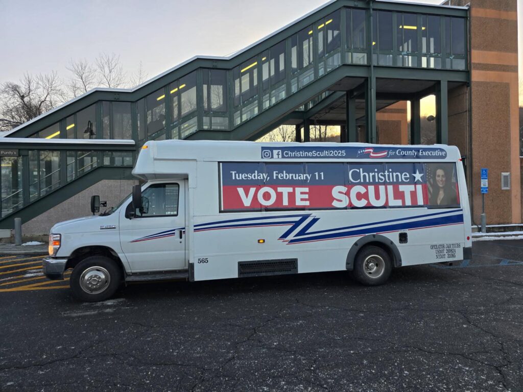 The bus is in Purdy's to remind commuters to  Vote Tomorrow! Elect Christine Sculti to Westchester County Executive