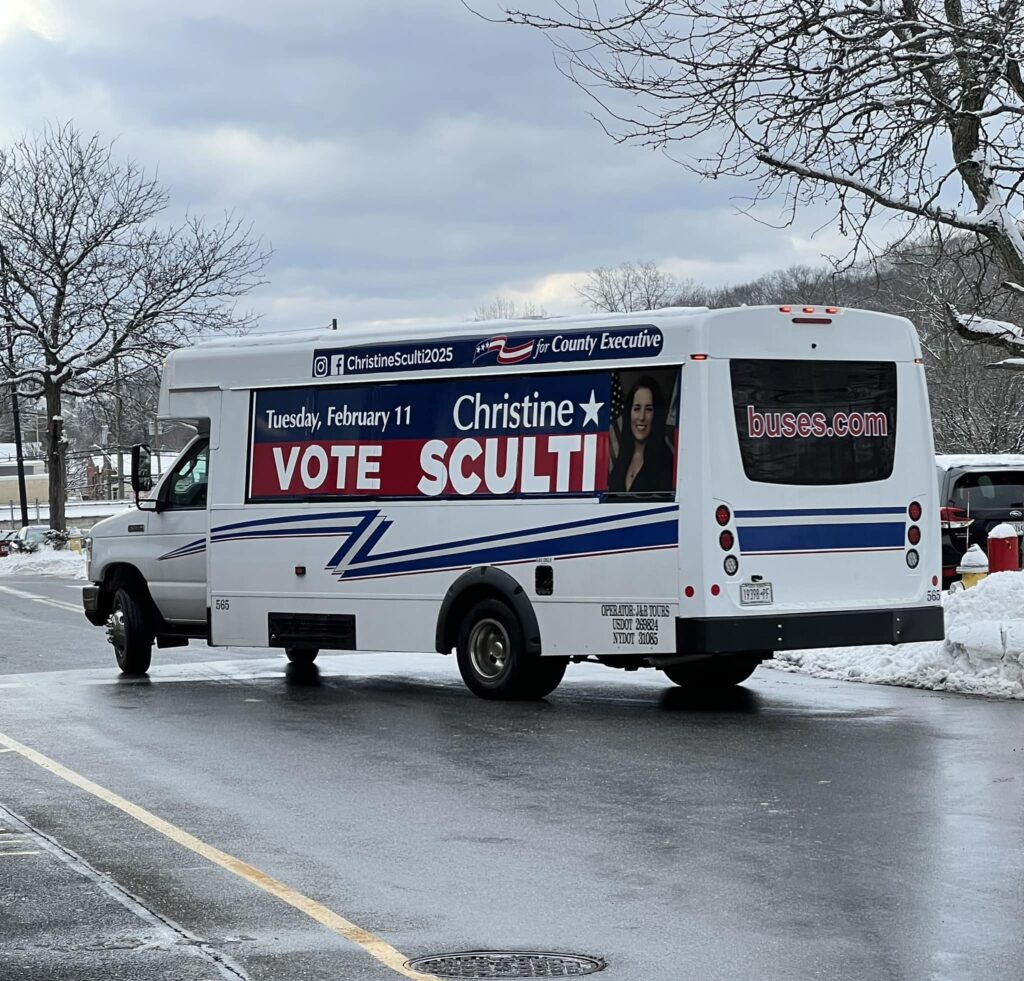 The bus is in Thornwood! Two more hours to vote early, then on to our final Get Out The Vote push for Tuesday. Get Out and Vote Christine Sculti for County Executive!